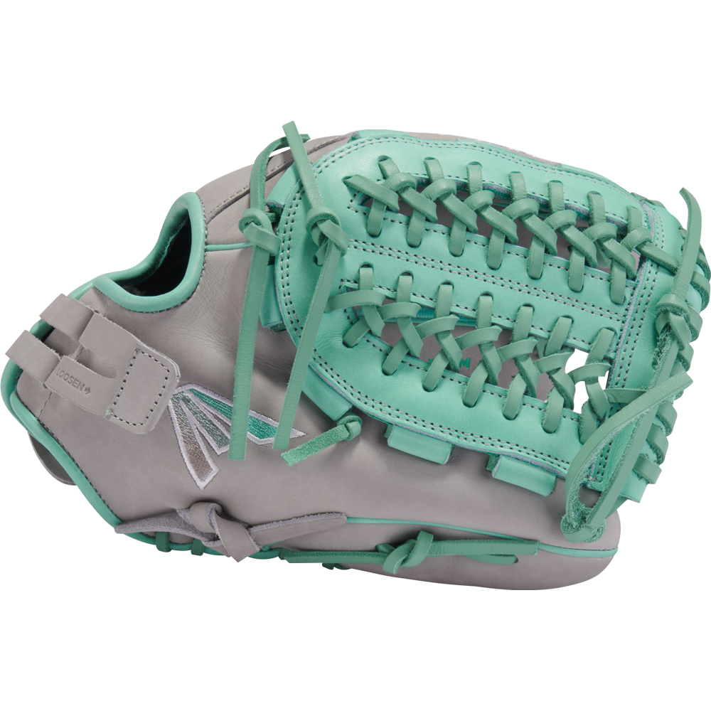 The Easton Professional Collection Color Splash 12" Fastpitch Softball Glove (PCFP120-15GM) features a gray design with teal laces and trim, an open web, and premium USA steerhide leather, shown against a plain white background.