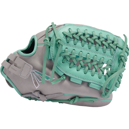 The Easton Professional Collection Color Splash 12" Fastpitch Softball Glove (PCFP120-15GM) features a gray design with teal laces and trim, an open web, and premium USA steerhide leather, shown against a plain white background.