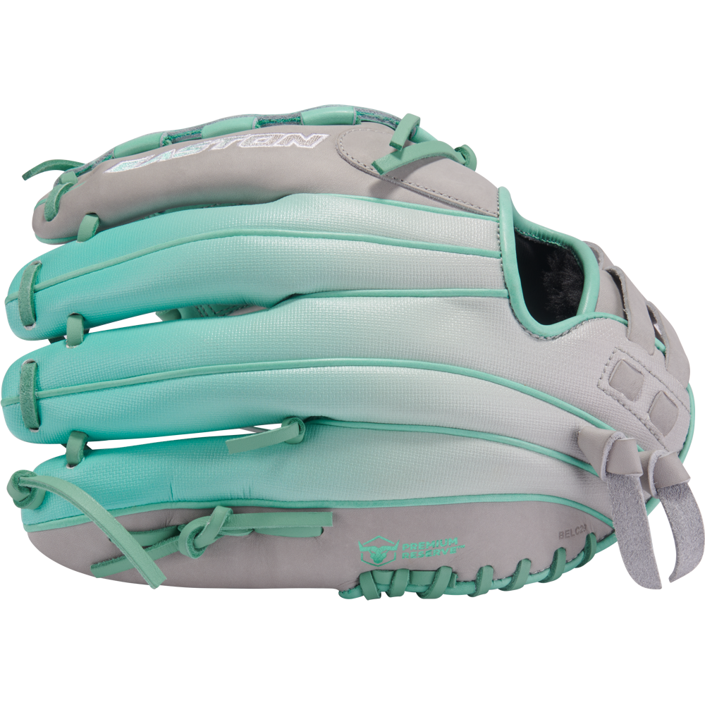 The Easton Professional Collection Color Splash 12" Fastpitch Softball Glove (PCFP120-15GM) features teal and gray premium USA steerhide leather, detailed stitching, and EASTON branding, shown against a white background.