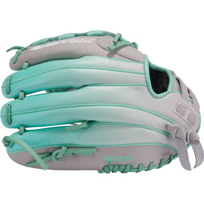The Easton Professional Collection Color Splash 12" Fastpitch Softball Glove (PCFP120-15GM) features teal and gray premium USA steerhide leather, detailed stitching, and EASTON branding, shown against a white background.