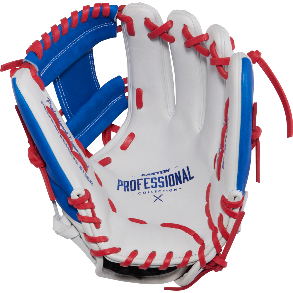 The Easton Pro Collection 12" Fastpitch Softball Glove (PCFP120-2WSR) features a white premium steerhide leather build with blue and red accents, an open infield design, red laces, finger slots, and blue Easton branding.