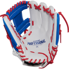The Easton Pro Collection 12" Fastpitch Softball Glove (PCFP120-2WSR) features a white premium steerhide leather build with blue and red accents, an open infield design, red laces, finger slots, and blue Easton branding.