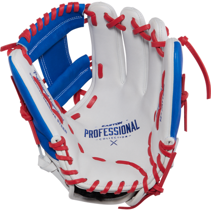 The Easton Pro Collection 12" Fastpitch Softball Glove (PCFP120-2WSR) features a white premium steerhide leather build with blue and red accents, an open infield design, red laces, finger slots, and blue Easton branding.