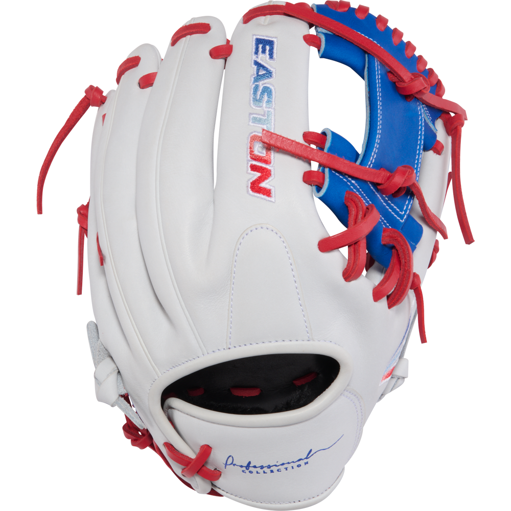 The Easton Pro Collection 12" Fastpitch Softball Glove (PCFP120-2WSR) features premium steerhide leather, a white design with red laces, a blue web, EASTON branding on the back, and a signature near the wrist—ideal for infielders.