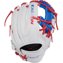 The Easton Pro Collection 12" Fastpitch Softball Glove (PCFP120-2WSR) features premium steerhide leather, a white design with red laces, a blue web, EASTON branding on the back, and a signature near the wrist—ideal for infielders.