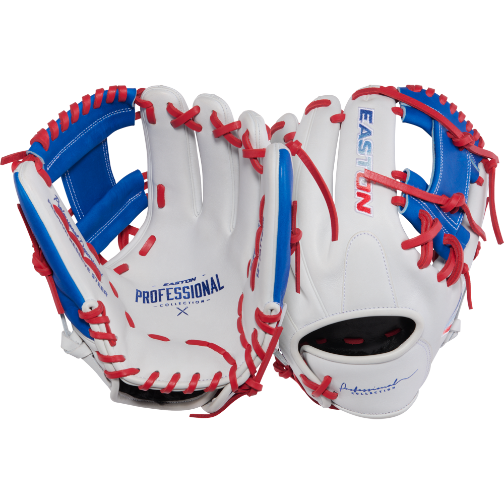 Two Easton Pro Collection 12" Fastpitch Softball Gloves (PCFP120-2WSR) are shown in white premium steerhide with red laces and blue accents, featuring “EASTON” and “PROFESSIONAL” branding, displayed palm-forward and palm-back.