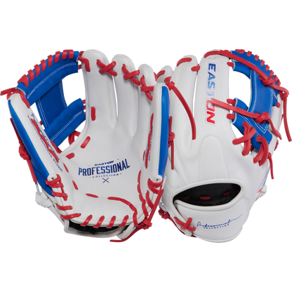 Two Easton Pro Collection 12" Fastpitch Softball Gloves (PCFP120-2WSR) are shown in white premium steerhide with red laces and blue accents, featuring “EASTON” and “PROFESSIONAL” branding, displayed palm-forward and palm-back.