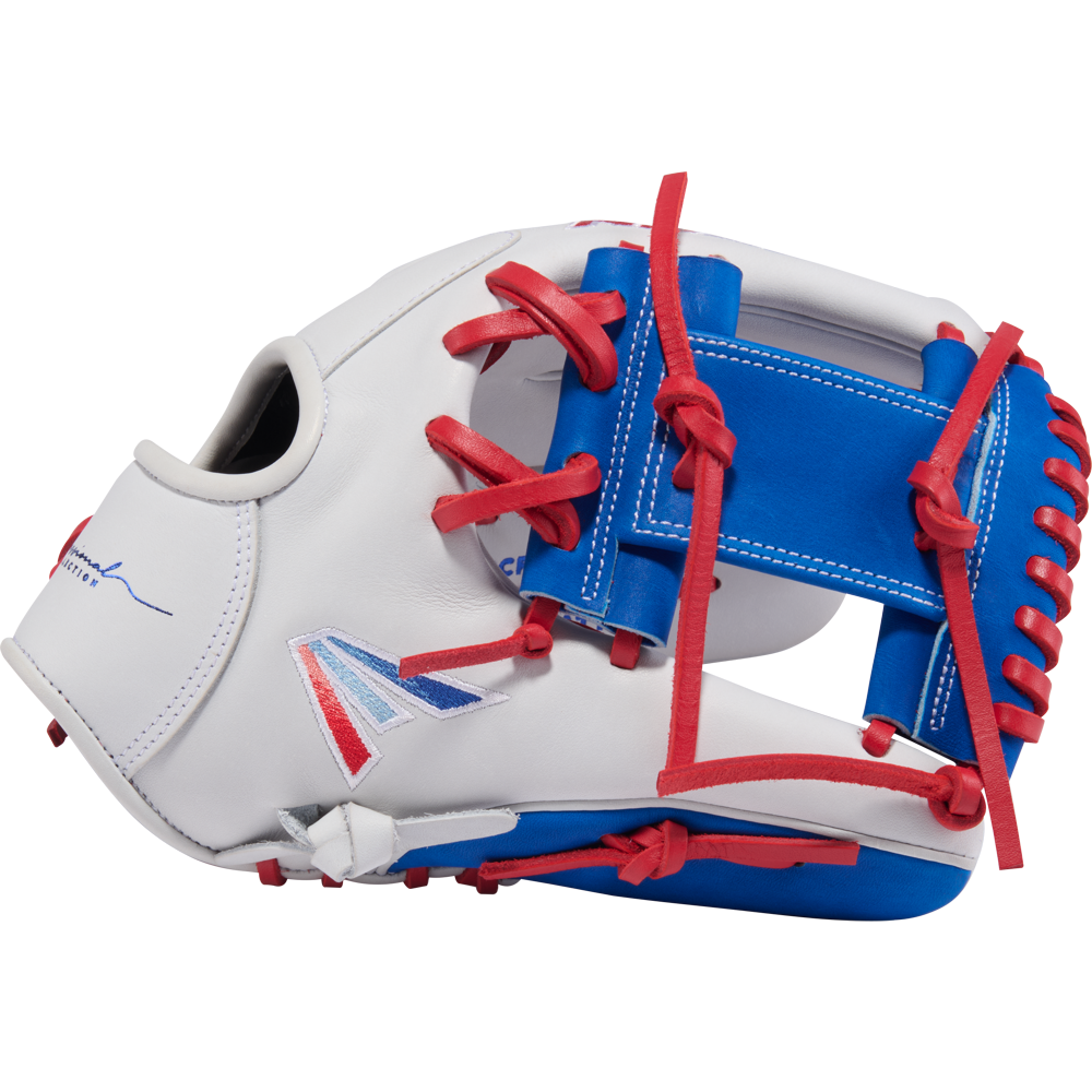 The Easton Pro Collection 12" Fastpitch Softball Glove (PCFP120-2WSR) features premium steerhide leather in white with red laces, blue and red accents, and a blue patch, shown on a plain light background.