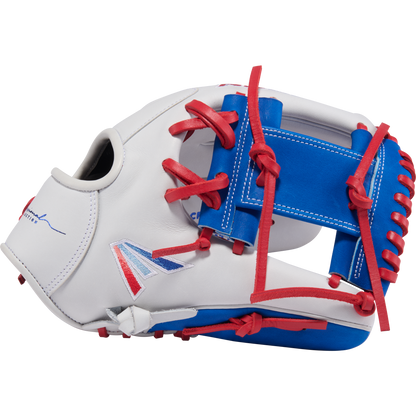 The Easton Pro Collection 12" Fastpitch Softball Glove (PCFP120-2WSR) features premium steerhide leather in white with red laces, blue and red accents, and a blue patch, shown on a plain light background.