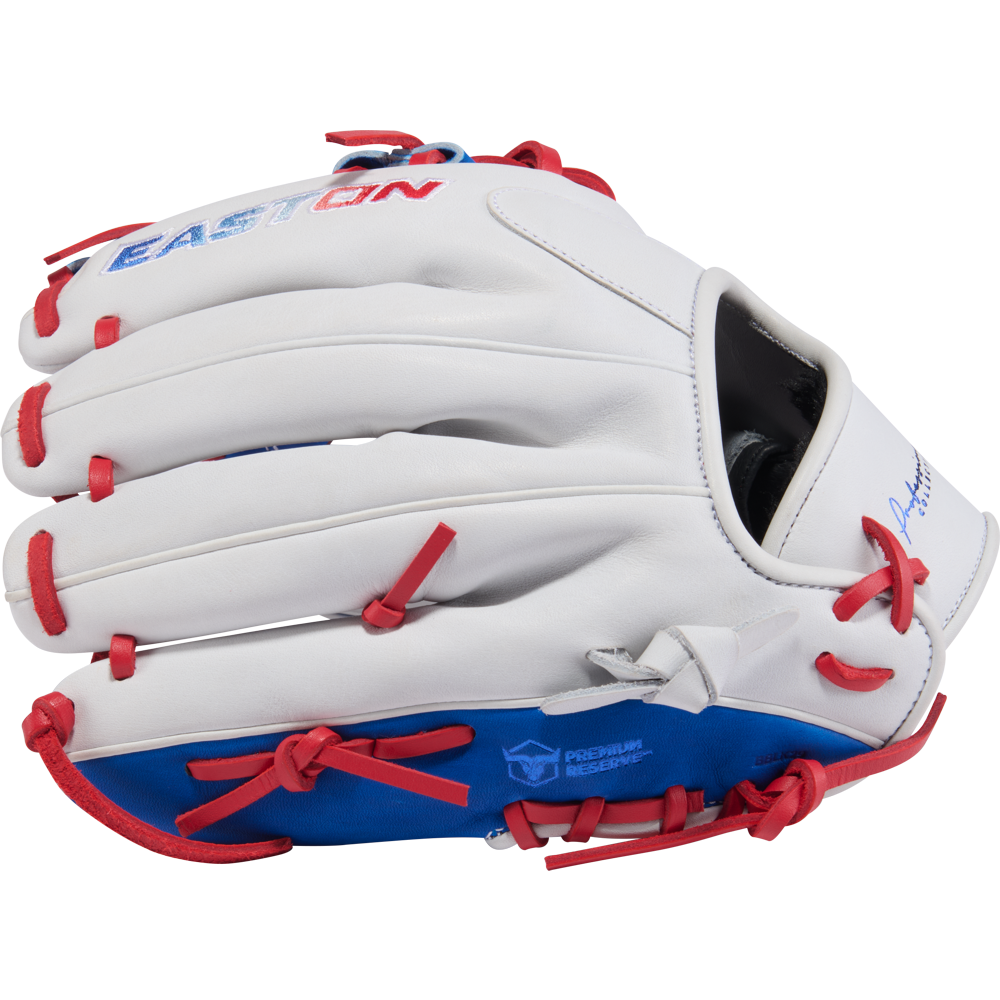 The Easton Pro Collection 12" Fastpitch Softball Glove (PCFP120-2WSR) features a white design with red laces, blue accents, and "Easton" embroidered in blue and red. Made from premium steerhide leather, it has a Premium Reserve label near the thumb.
