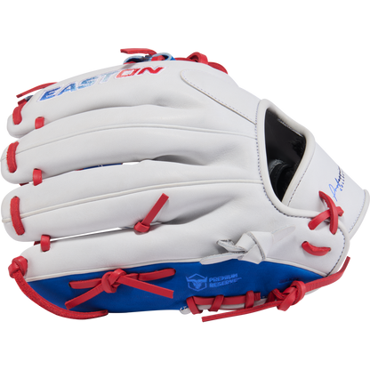 The Easton Pro Collection 12" Fastpitch Softball Glove (PCFP120-2WSR) features a white design with red laces, blue accents, and "Easton" embroidered in blue and red. Made from premium steerhide leather, it has a Premium Reserve label near the thumb.
