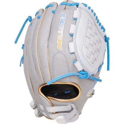 The Easton Pro Collection 12" Fastpitch Softball Glove (PCFP120-3WG) is a light gray pitcher’s glove with blue laces, gold trim, basket-style webbing, an open wrist opening, and EASTON stitched in white and gold on the back.