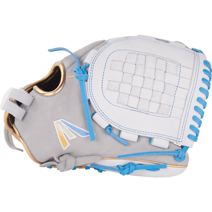 The Easton Pro Collection 12" Fastpitch Softball Glove (PCFP120-3WG) features a gray and white design with blue lacing, gold accents, a woven pocket, and an embroidered Easton logo on the side.