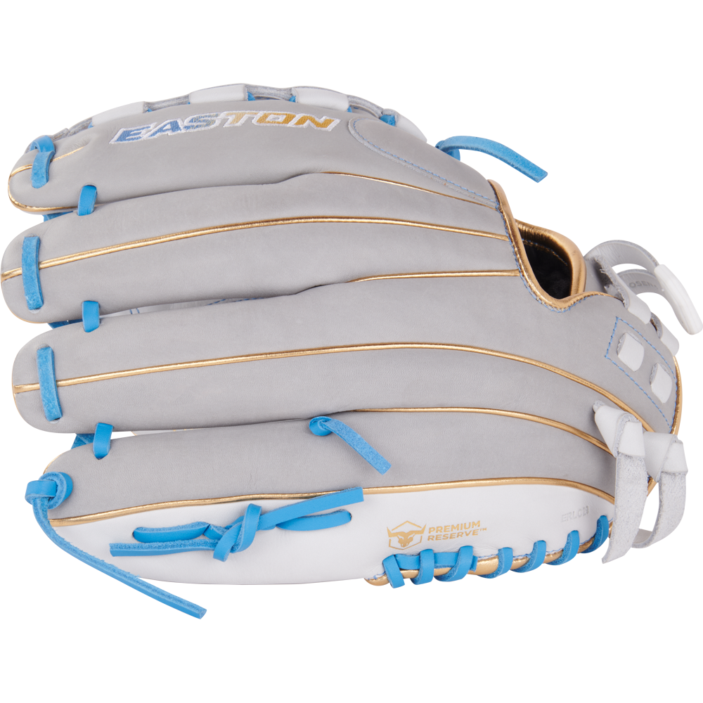 A gray and white Easton Pro Collection 12" Fastpitch Glove (PCFP120-3WG) features gold and blue accents, detailed blue lacing, and the EASTON brand name on top.