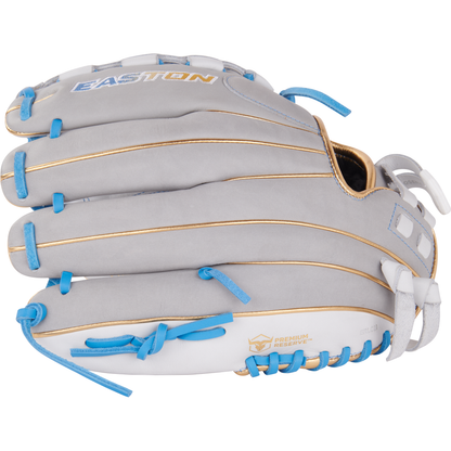 A gray and white Easton Pro Collection 12" Fastpitch Glove (PCFP120-3WG) features gold and blue accents, detailed blue lacing, and the EASTON brand name on top.