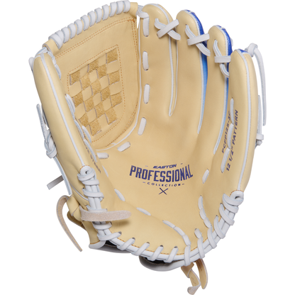 The Easton Professional Collection Color Splash 12.5" Fastpitch Softball Glove (PCFP125-3C) features tan and cream premium USA steerhide, white laces, blue accents, checkerboard web, adjustable wrist closure, and blue Easton Professional Collection branding.