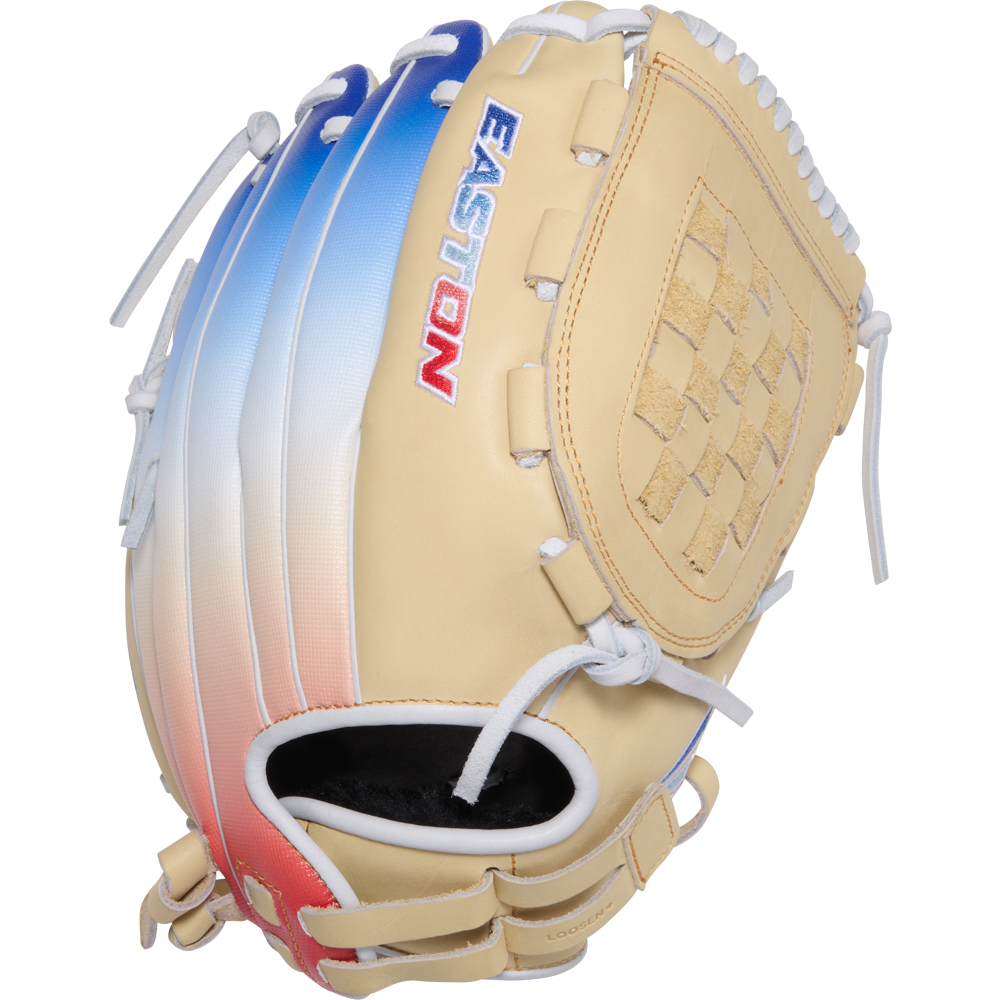 The Easton Professional Collection Color Splash 12.5" Fastpitch Softball Glove (PCFP125-3C) features a red-to-blue color gradient, premium USA steerhide leather, EASTON branding on the back, and a woven pocket pattern.