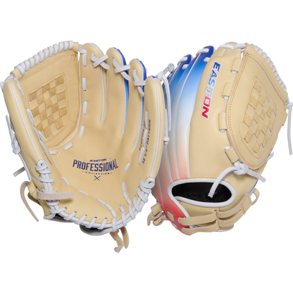 Two Easton Professional Collection Color Splash 12.5" Fastpitch Softball Gloves (PCFP125-3C) feature premium USA steerhide leather, tan color, white laces, and a gradient blue-to-red back; shown open and closed on a white background.
