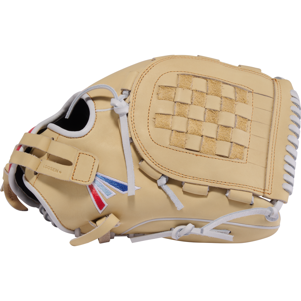 The Easton Professional Collection Color Splash 12.5" Fastpitch Softball Glove (PCFP125-3C) features a tan USA steerhide leather build, basket web, white laces, and red, blue, and white thumb patch accents for standout style and performance.