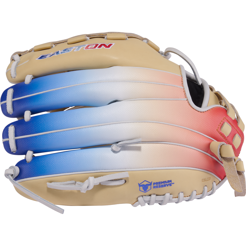 The Easton Professional Collection Color Splash 12.5" Fastpitch Softball Glove (PCFP125-3C) features premium USA steerhide leather and an adjustable wrist closure, shown on a white background.