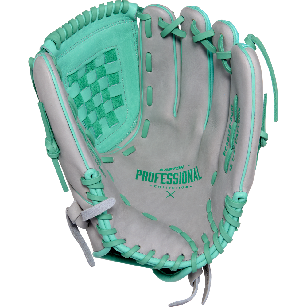 The Easton Professional Collection Color Splash 12.5" Fastpitch Softball Glove (PCFP125-3GM) features a gray and teal design, teal lacing, a woven pocket, and premium USA steerhide leather with branding inside the palm.