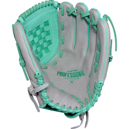 The Easton Professional Collection Color Splash 12.5" Fastpitch Softball Glove (PCFP125-3GM) features a gray and teal design, teal lacing, a woven pocket, and premium USA steerhide leather with branding inside the palm.
