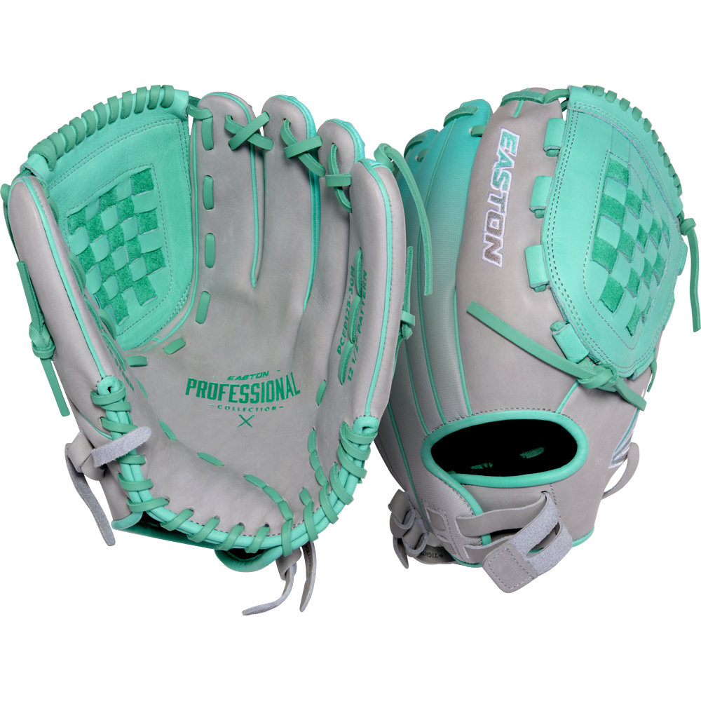 Two Easton Professional Collection Color Splash 12.5" Fastpitch Softball Gloves (PCFP125-3GM) in gray and teal—one shows the woven basket web and palm, the other displays the back with an adjustable wrist strap—both crafted from premium USA steerhide leather.