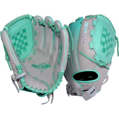 Two Easton Professional Collection Color Splash 12.5" Fastpitch Softball Gloves (PCFP125-3GM) in gray and teal—one shows the woven basket web and palm, the other displays the back with an adjustable wrist strap—both crafted from premium USA steerhide leather.