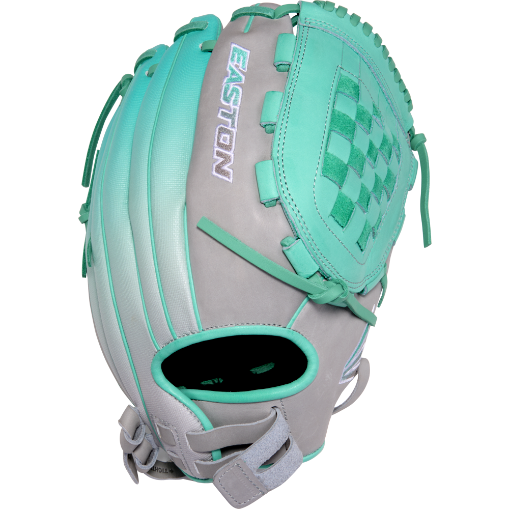 The Easton Professional Collection Color Splash 12.5" Fastpitch Softball Glove (PCFP125-3GM) features gray and teal premium USA steerhide leather, a woven pocket, teal laces, and an open adjustable wrist closure, shown from an angled view.