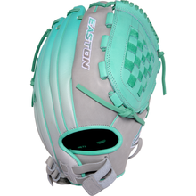 The Easton Professional Collection Color Splash 12.5" Fastpitch Softball Glove (PCFP125-3GM) features gray and teal premium USA steerhide leather, a woven pocket, teal laces, and an open adjustable wrist closure, shown from an angled view.