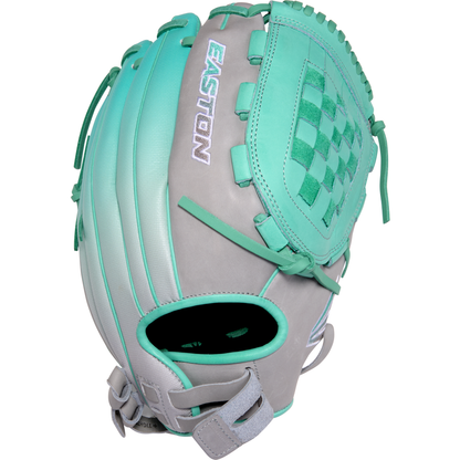 The Easton Professional Collection Color Splash 12.5" Fastpitch Softball Glove (PCFP125-3GM) features gray and teal premium USA steerhide leather, a woven pocket, teal laces, and an open adjustable wrist closure, shown from an angled view.