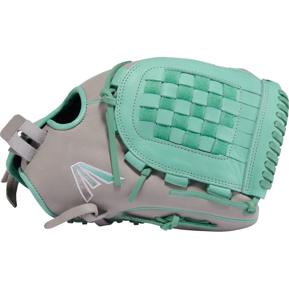 The Easton Professional Collection Color Splash 12.5" Fastpitch Softball Glove (PCFP125-3GM) features premium USA steerhide leather, a light gray and teal design with woven teal webbing and laces, shown from the side.