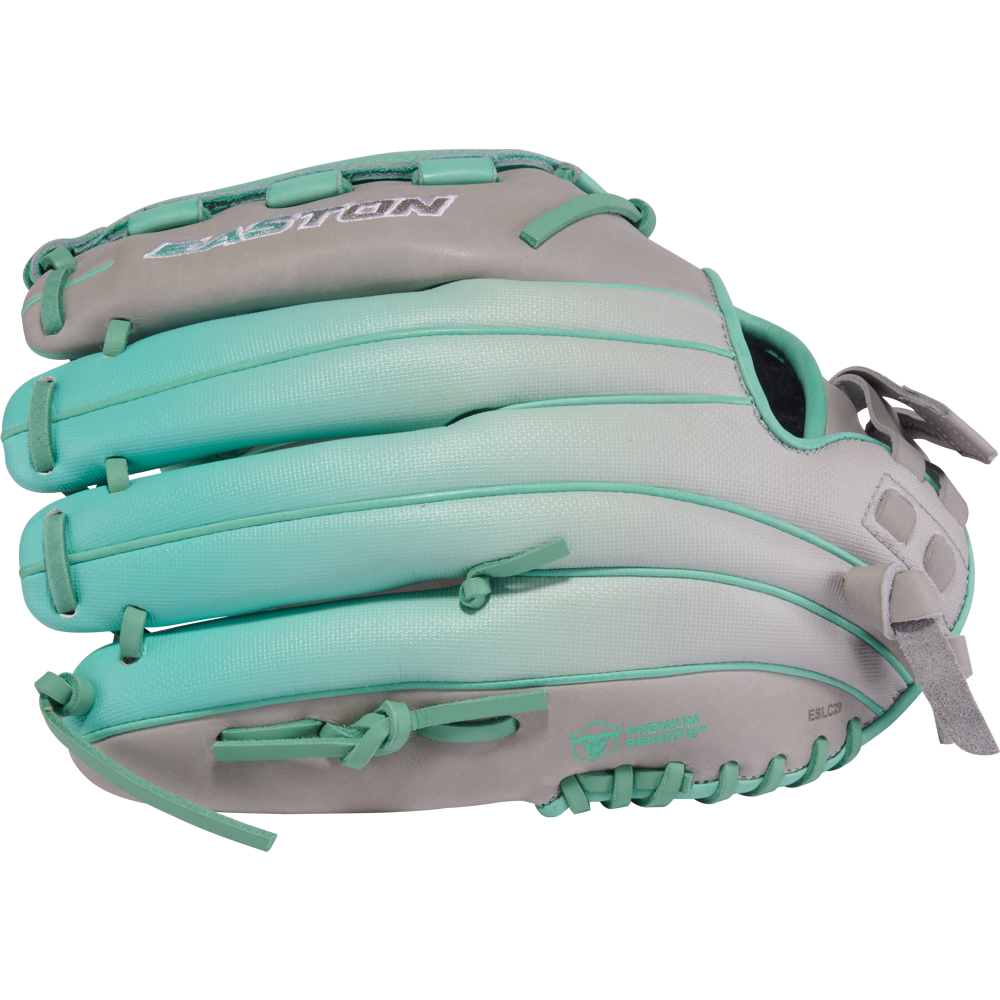 The Easton Professional Collection Color Splash 12.5" Fastpitch Softball Glove (PCFP125-3GM) features gray and teal USA steerhide leather, visible stitching and lacing, the Easton logo, an adjustable wrist closure, and a sleek side profile.