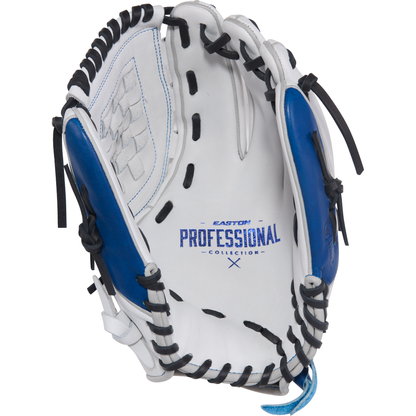 The Easton Pro Collection 12.5" Fastpitch Softball Glove (PCFP125-3WR) features a white and blue design with black laces, premium steerhide leather, and “Easton Professional Collection” printed in blue on the palm.
