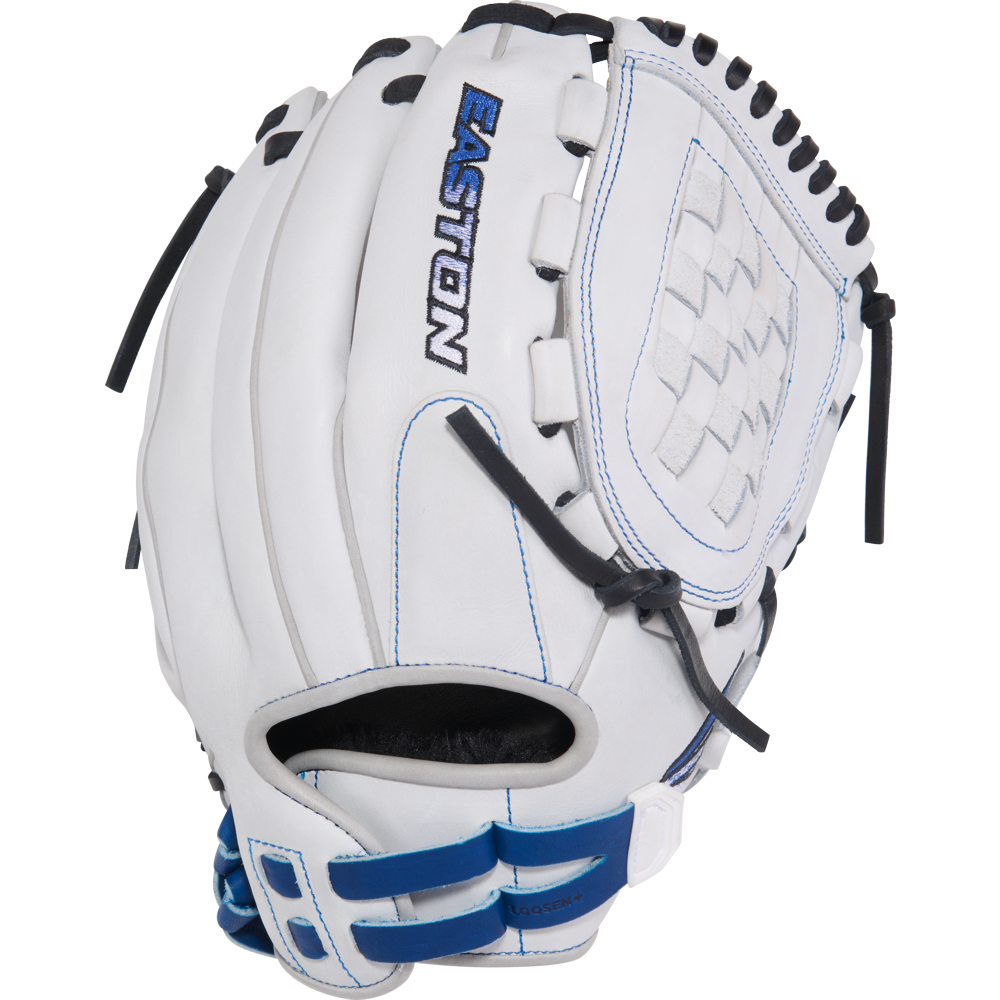 The Easton Pro Collection 12.5" Fastpitch Glove (PCFP125-3WR) features premium steerhide leather, white with black laces, blue stitching, basket web, blue wrist strap accents, and the EASTON name in blue and black on the back.