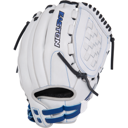 The Easton Pro Collection 12.5" Fastpitch Glove (PCFP125-3WR) features premium steerhide leather, white with black laces, blue stitching, basket web, blue wrist strap accents, and the EASTON name in blue and black on the back.
