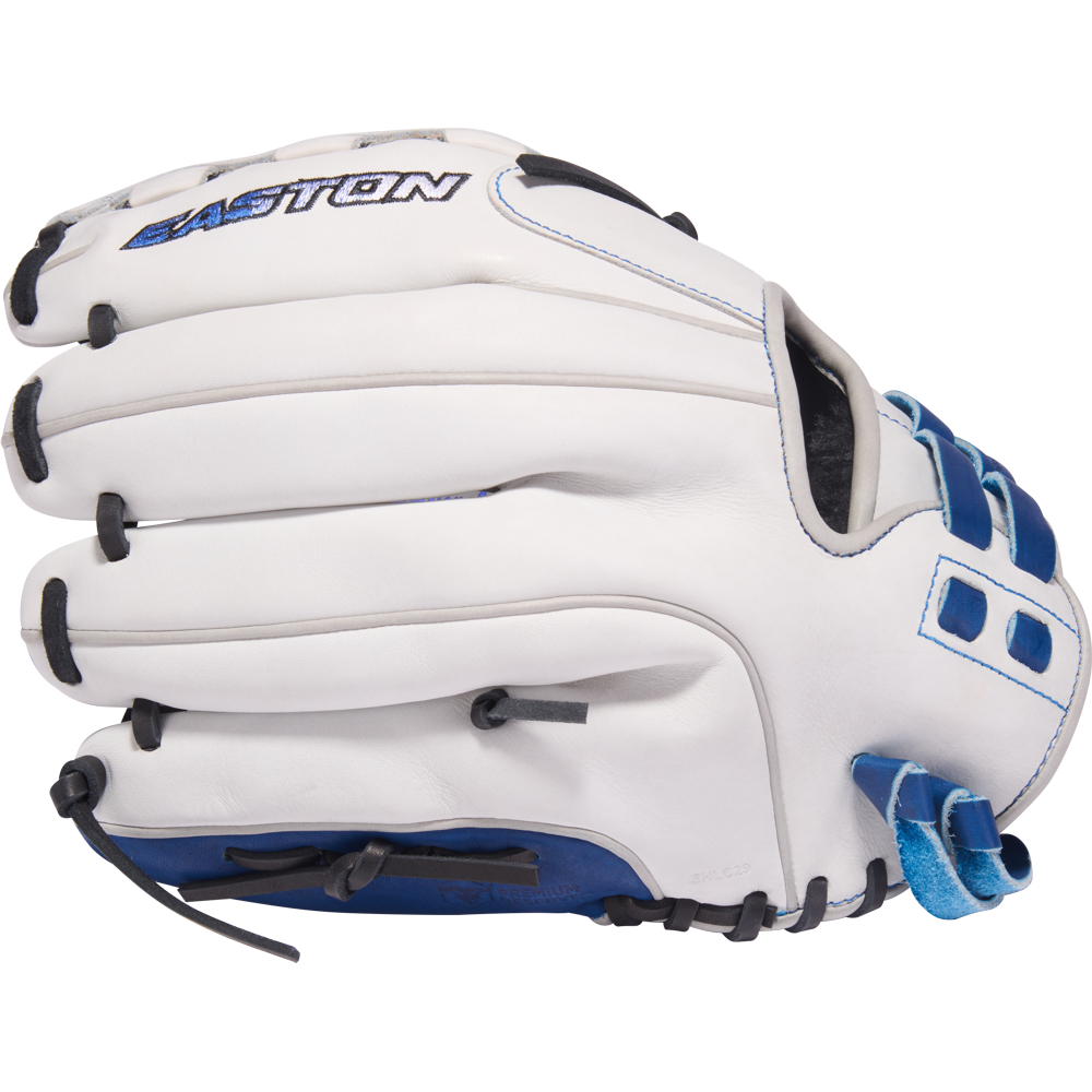 The Easton Pro Collection 12.5" Fastpitch Softball Glove (PCFP125-3WR) in white features blue and black accents, premium steerhide leather lacing, and is shown side-on with fingers closed.