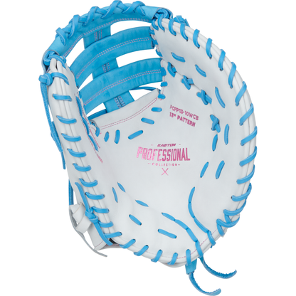 The Easton Pro Collection 13" Fastpitch Softball First Base Mitt (PCFP13-10WCB) is a white glove with blue lacing, pink palm branding, a wide deep pocket, and pro-quality design—perfect for serious players.
