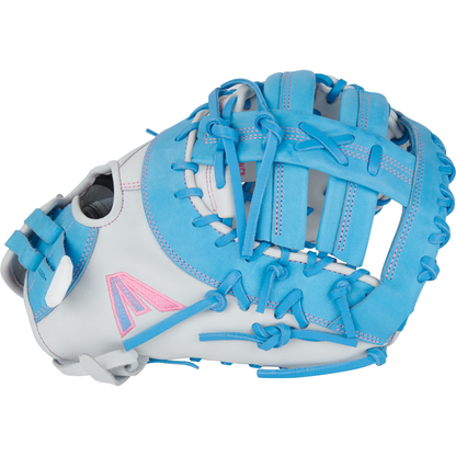 The Easton Pro Collection 13" Fastpitch Softball First Base Mitt (PCFP13-10WCB) features a white and light blue design with blue laces, pink stitching, and a pink A logo on the side.