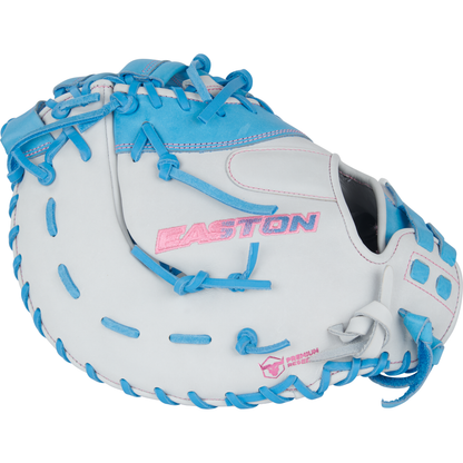 The Easton Pro Collection 13" Fastpitch Softball First Base Mitt (PCFP13-10WCB) is a white and light blue glove with pink stitching and EASTON in pink text on the back, part of Easton's Professional Collection.