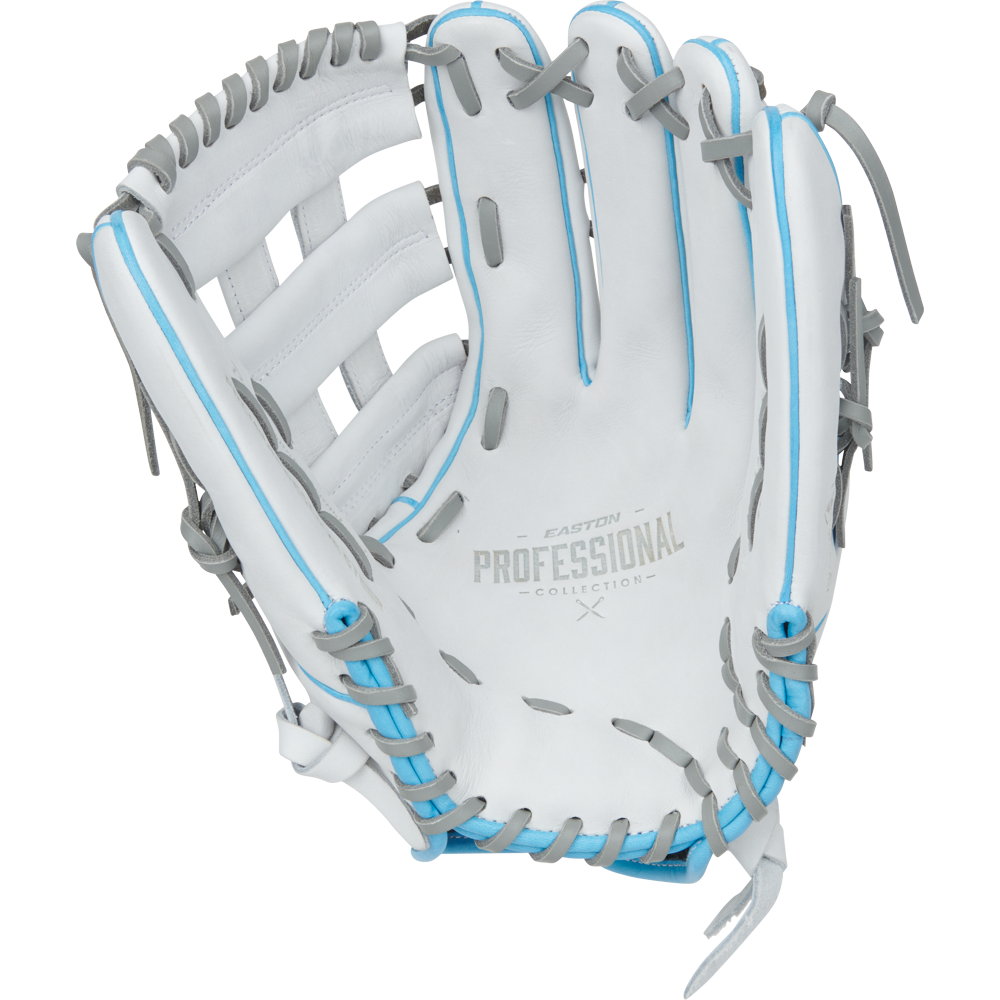 The Easton Pro Collection 13" Fastpitch Softball Glove (PCFP130-6WG) is a white, steerhide leather outfield glove with grey and light blue laces, open web design, "EASTON PROFESSIONAL COLLECTION" on the palm, for right-handed players.