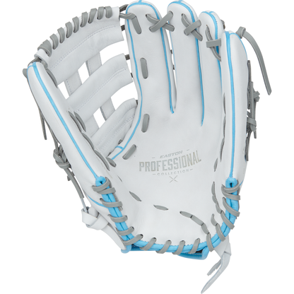 The Easton Pro Collection 13" Fastpitch Softball Glove (PCFP130-6WG) is a white, steerhide leather outfield glove with grey and light blue laces, open web design, "EASTON PROFESSIONAL COLLECTION" on the palm, for right-handed players.
