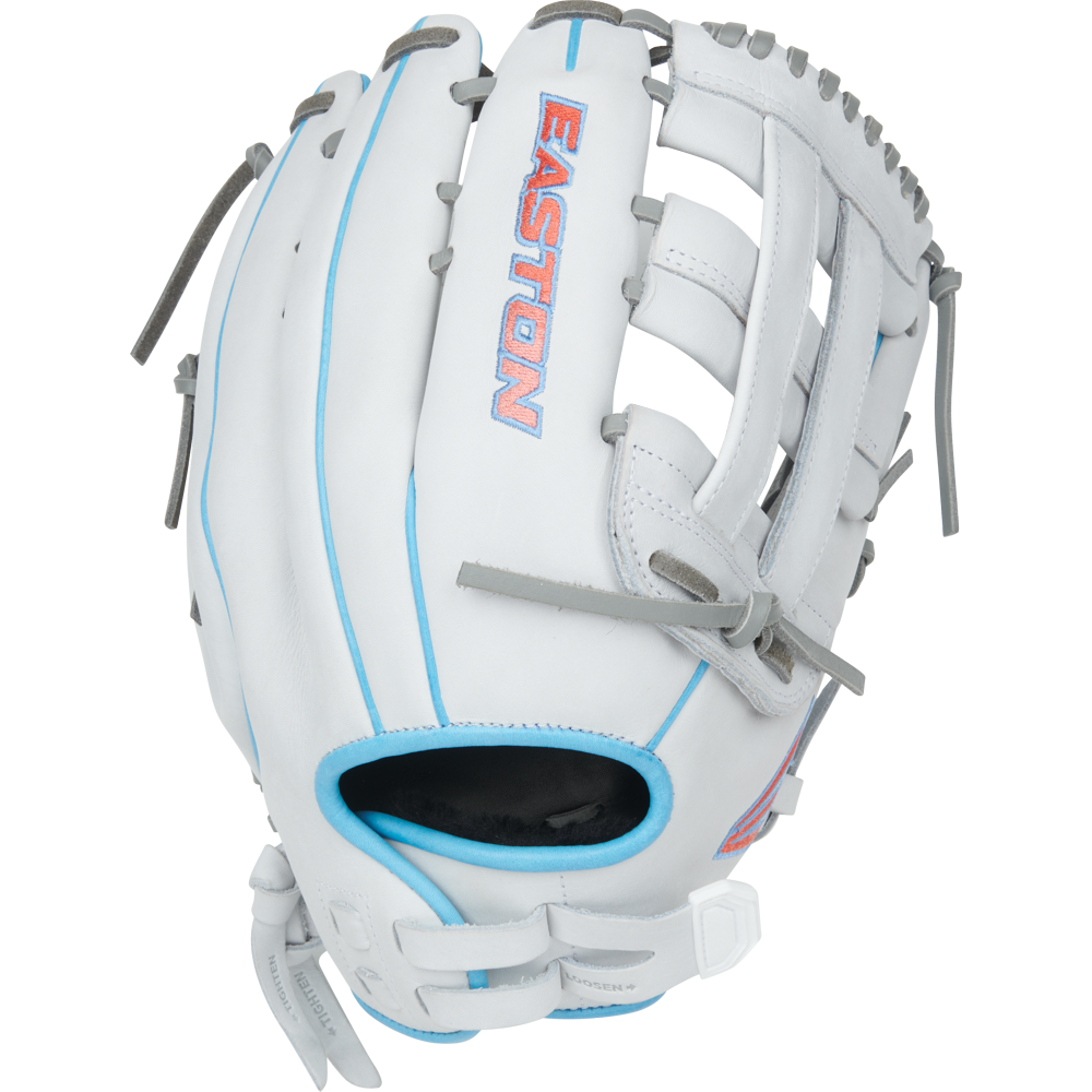 The Easton Pro Collection 13" Fastpitch Softball Glove (PCFP130-6WG) features white premium steerhide leather, blue accents, gray laces, and EASTON in pink/blue on the back. It has an open web design and appears new and unused.