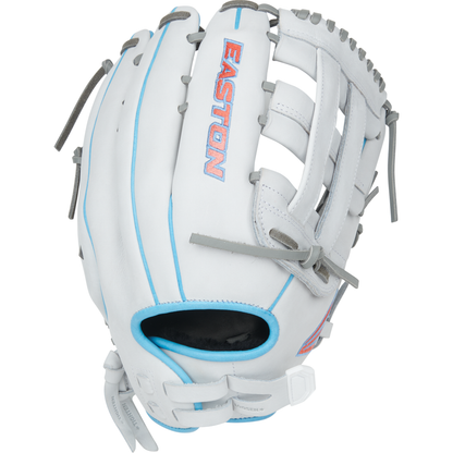 The Easton Pro Collection 13" Fastpitch Softball Glove (PCFP130-6WG) features white premium steerhide leather, blue accents, gray laces, and EASTON in pink/blue on the back. It has an open web design and appears new and unused.