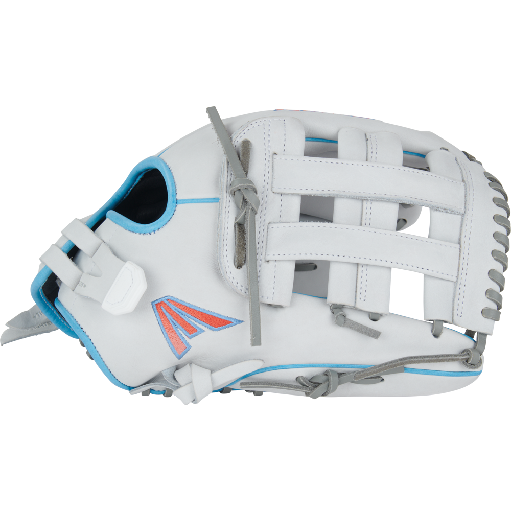 The Easton Pro Collection 13" Fastpitch Softball Glove (PCFP130-6WG) features white premium steerhide leather, grey laces, blue accents, and a pink/blue stitched logo—shown side view. Part of the Easton Professional fastpitch outfield series.