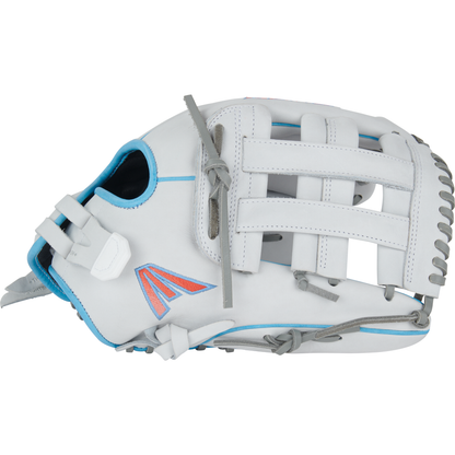 The Easton Pro Collection 13" Fastpitch Softball Glove (PCFP130-6WG) features white premium steerhide leather, grey laces, blue accents, and a pink/blue stitched logo—shown side view. Part of the Easton Professional fastpitch outfield series.