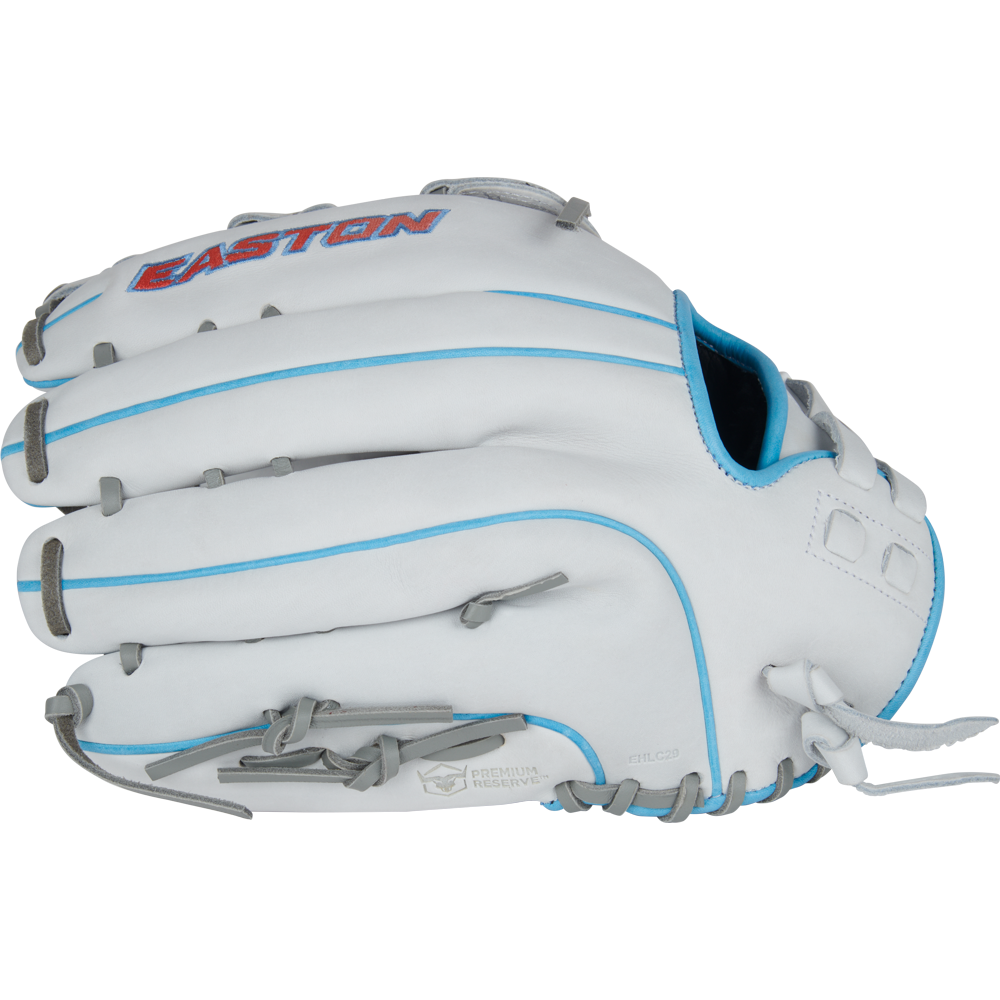The Easton Pro Collection 13" Fastpitch Softball Glove (PCFP130-6WG) is a white outfield glove with light blue and gray accents, crafted from premium steerhide and featuring laced details plus the Easton logo on the back.