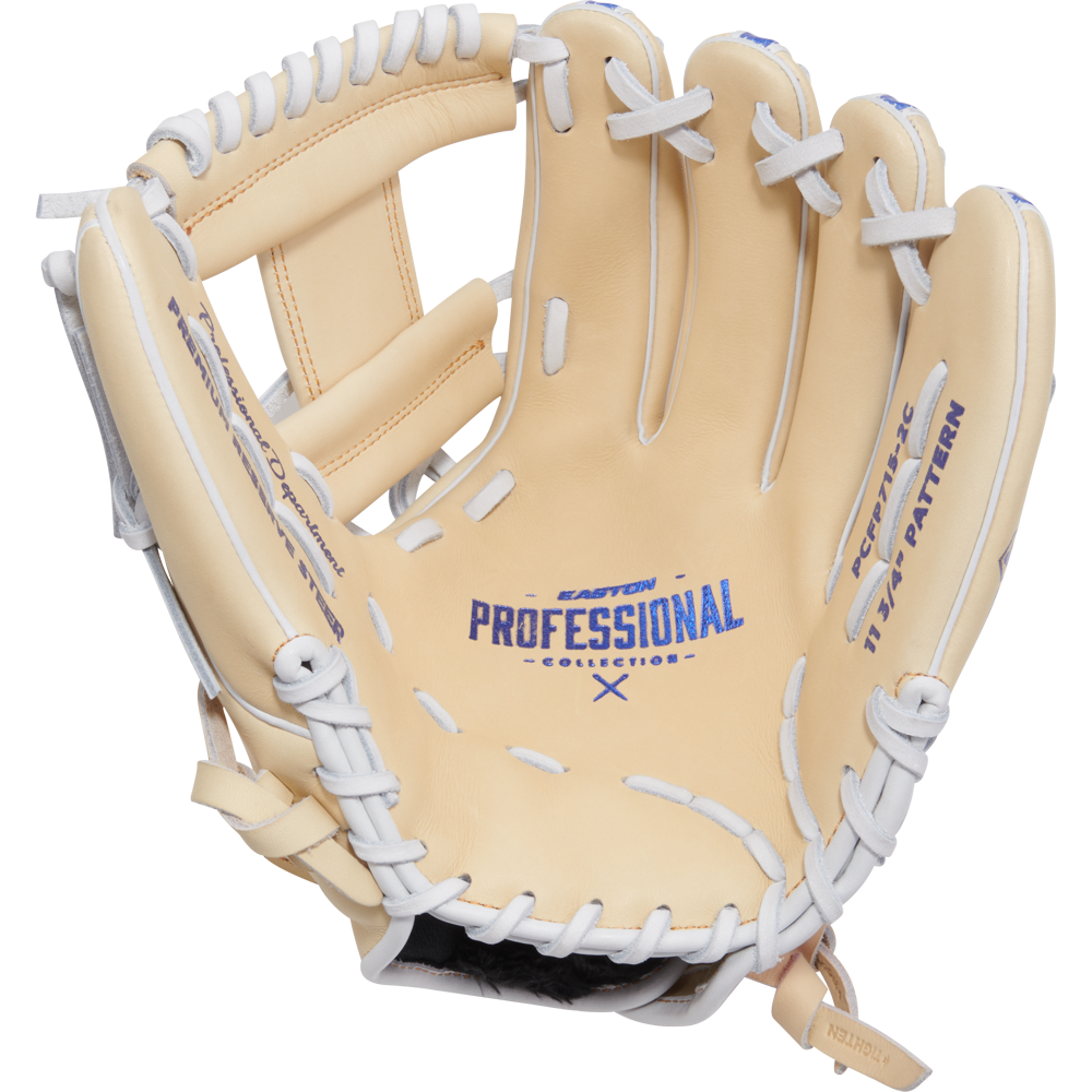 The Easton Professional Collection Color Splash 11.75" Fastpitch Softball Glove (PCFP715-2C) features a tan and white design, blue palm pattern, white laces, and a deep pocket—perfect for serious players.