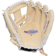 The Easton Professional Collection Color Splash 11.75" Fastpitch Softball Glove (PCFP715-2C) features a tan and white design, blue palm pattern, white laces, and a deep pocket—perfect for serious players.