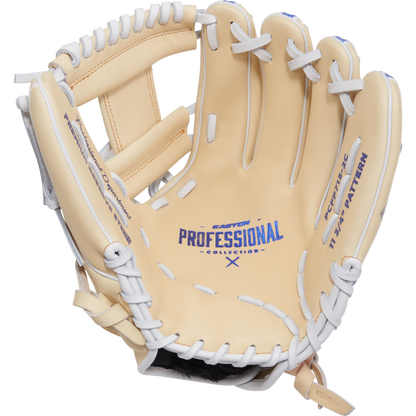The Easton Professional Collection Color Splash 11.75" Fastpitch Softball Glove (PCFP715-2C) features a tan and white design, blue palm pattern, white laces, and a deep pocket—perfect for serious players.